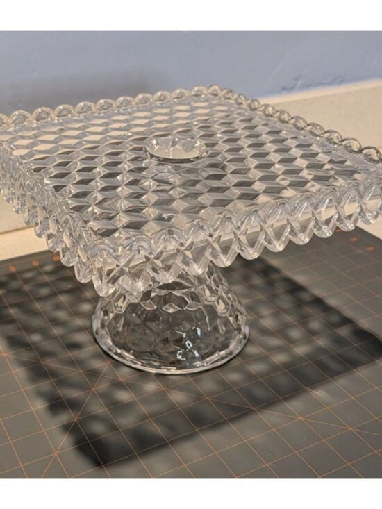 Vintage Fostoria American Clear Glass Square Cake Stand Cubist Pattern Rum Well - Picture 2 of 16